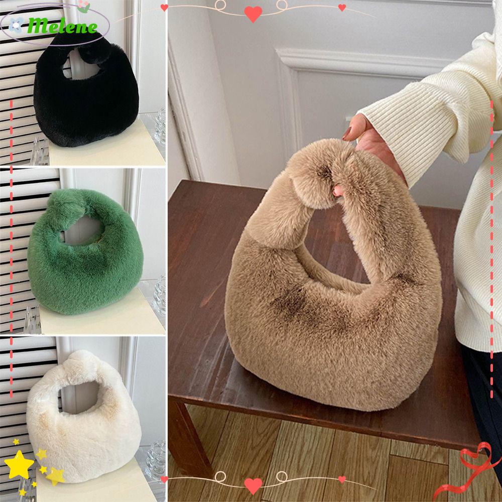 Melene กระเป๋าถือความจุขนาดใหญ่แฟชั่น Warm Plush Furry Fur Half Moon กระเป๋าข้อมือ