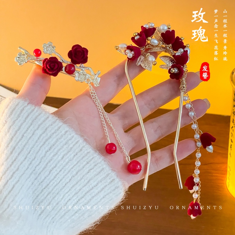 สีแดง ใหม่ สไตล์จีน กิ๊บผู้หญิง ระดับไฮเอนด์ สไตล์โบราณ พู่ ปิ่นปักผม Hanfu กิ๊บปีใหม่ เครื่องประดับผม