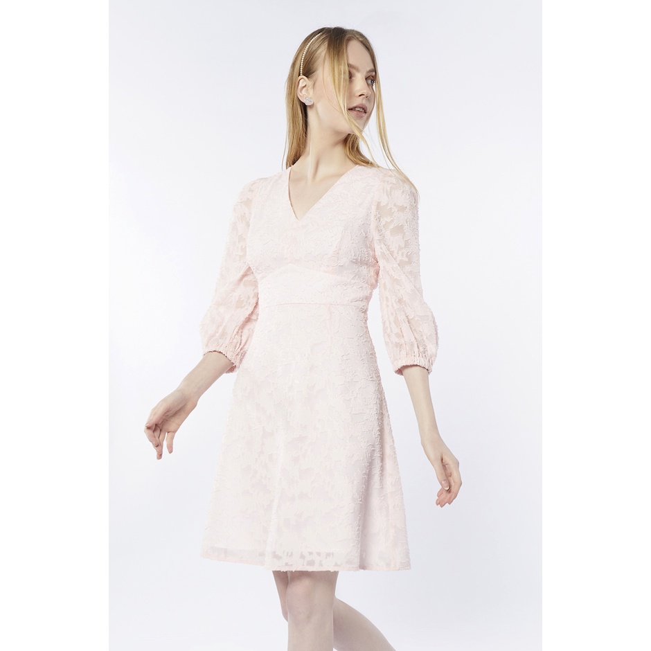 EP เดรสผ้าชีฟองลายฟลอรัล ผู้หญิง สีชมพูอ่อน | V-Neck Floral Print Chiffon Dress | 04784