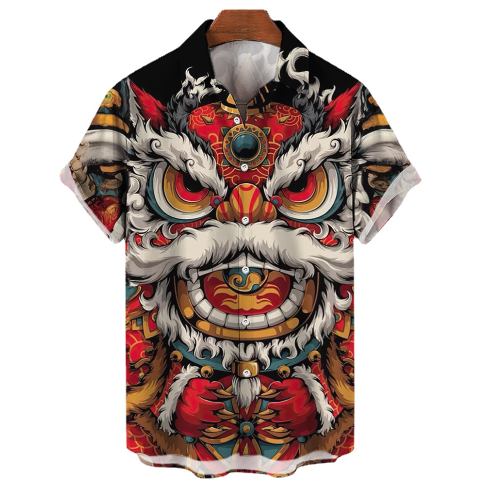 เสื้อเชิ้ตแขนสั้นลําลอง พิมพ์ลายสิงโต 3 มิติ คุณภาพสูง สไตล์ฮาราจูกุ แนวสตรีท แฟชั่นสําหรับผู้ชาย