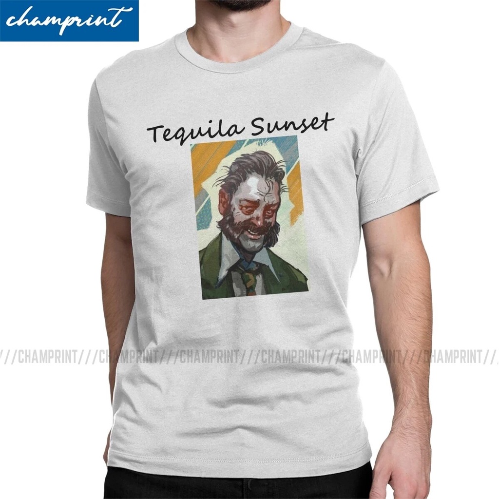 เสื้อยืดผู้ชายลายสนุกๆ จากเกม Disco Elysium Tequila Sunset ทำจากผ้าฝ้ายคอกลมแขนสั้น
