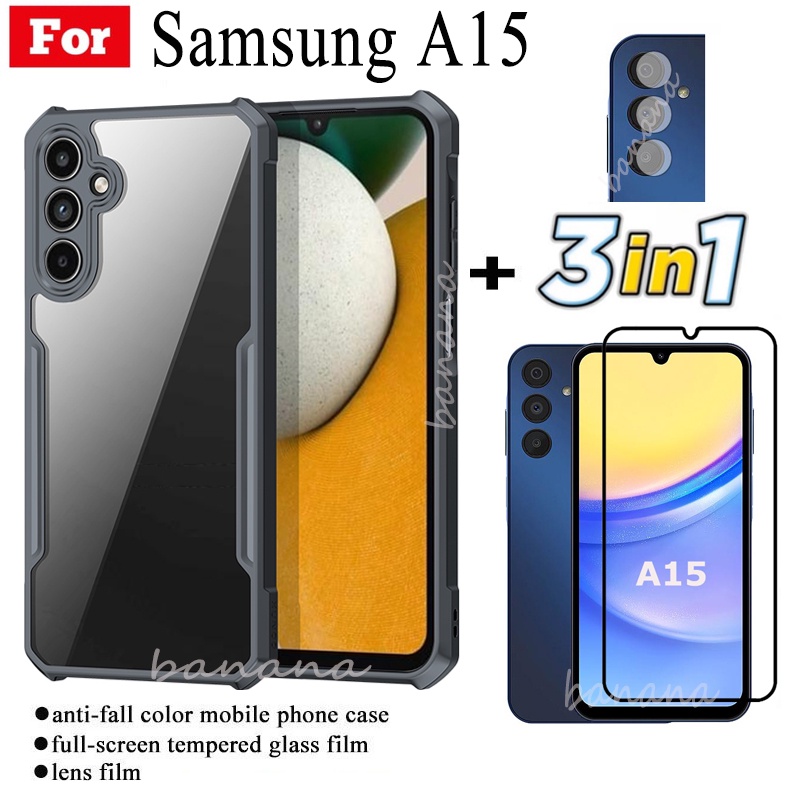 3 IN 1 Samsung A15 Anti-fall โทรศัพท์มือถือสําหรับ Samsung A 15 A1 5 ฟิล์มกระจกนิรภัย + ฟิล์มเลนส์
