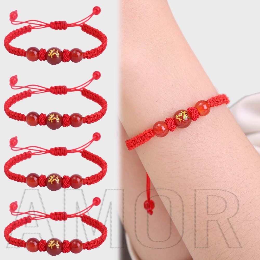 สร้อยข้อมือ ประดับลูกปัดมังกรนําโชค สีแดง สามารถปรับได้ เหมาะกับของขวัญปีใหม่ สไตล์จีน สําหรับวันเกิด