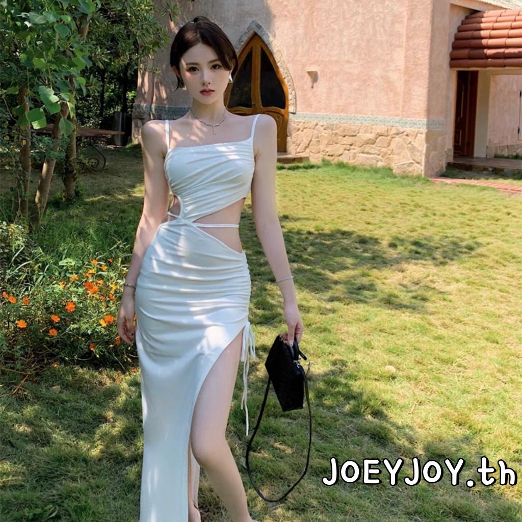 Joeyjoy-ชุดเดรสยาวผู้หญิงแขนกุด สายเดี่ยว ช่วงลำตัวกลวง พร้อมเชือกผูก