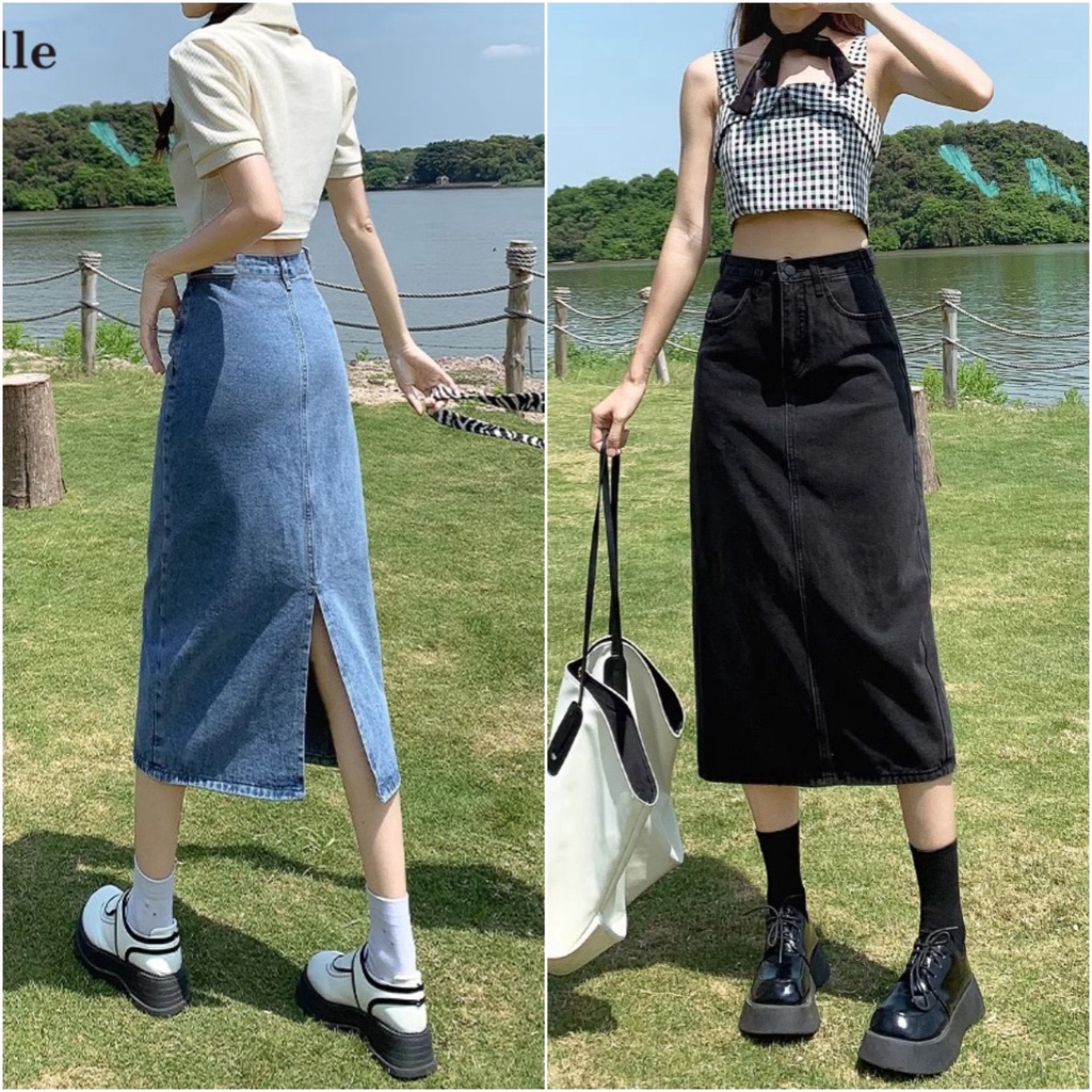 ccute  พร้อมส่ง กระโปรงยีนส์ ผ้าสีฟอก ทรงวินเทจสไตล์  ผ่าหลัง งานสุดชิค