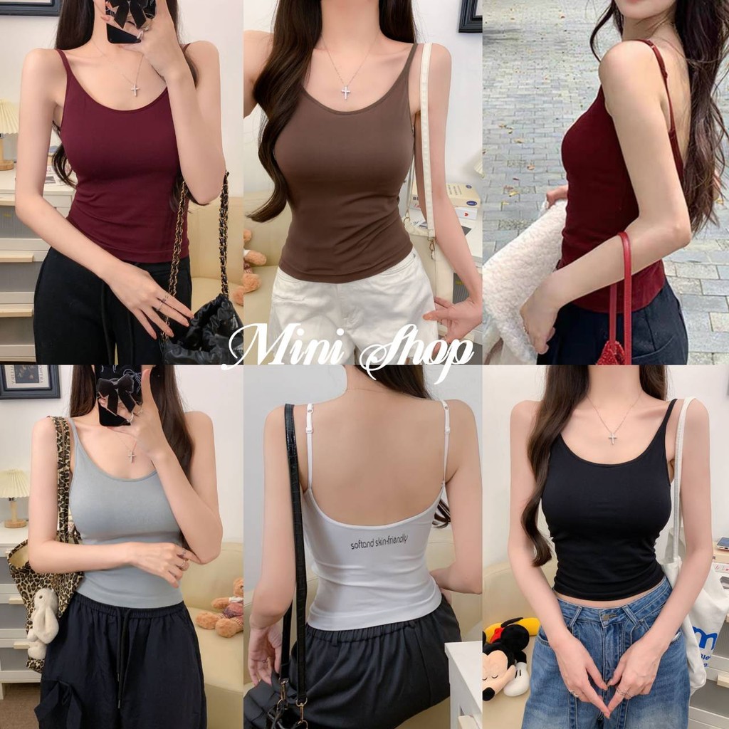 Mini shop🌸พร้อมส่ง🌸(FY2128#1) เสื้อสายเดี่ยวสกีนตัวอักษร เว้าหลัง  ใส่สบายมาก มีฟองน้ำในตัว