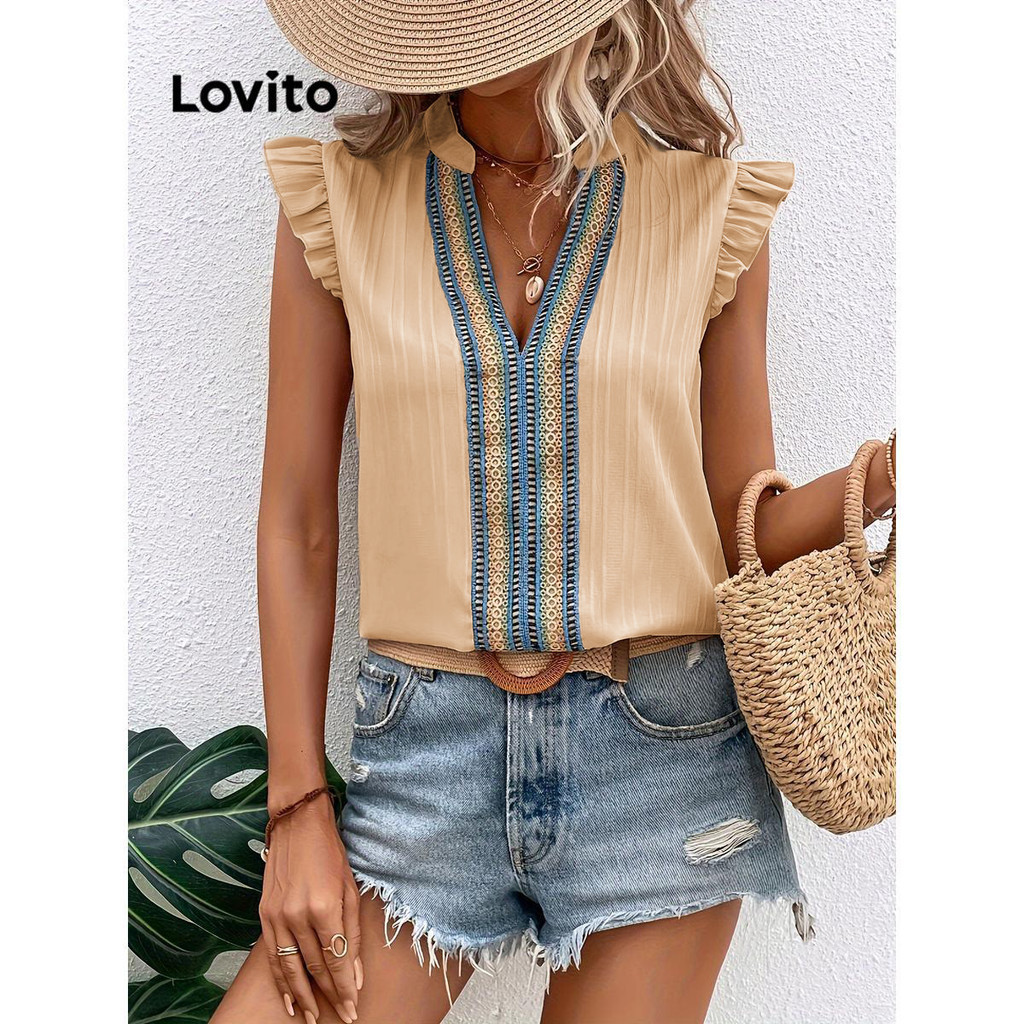 Lovito เสื้อเบลาส์ตัดผักกาดหอมพิมพ์ชนเผ่าแบบสบาย ๆ สำหรับผู้หญิง LNL77118