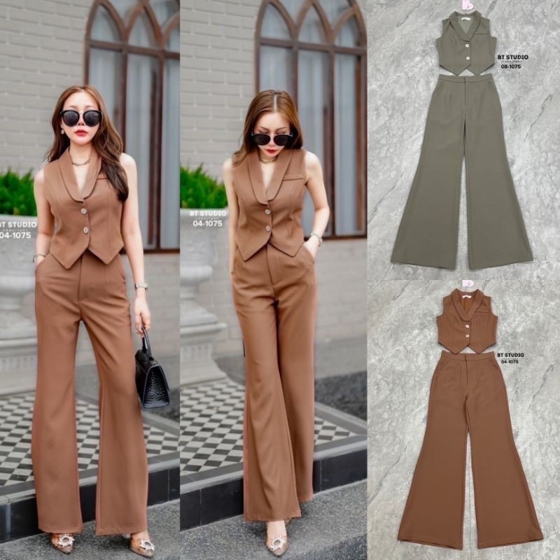 Mom.ss (พร้อมส่ง) BT110-1075  เซท 2 ชิ้น เสื้อเบเซอร์แขนกุดคอปกแมทซ์กับกางเกงขายาวซิปหน้า By K.  M.s