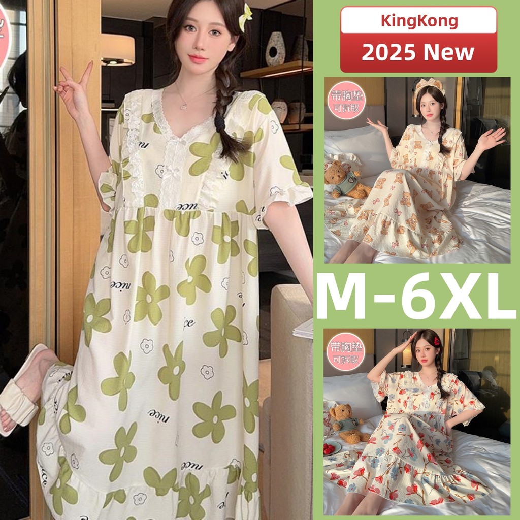 ชุดนอนกระโปรงไซส์ใหญ่ ผ้าฝ้าย แขนสั้น สําหรับฤดูร้อน ไซส์ M-6XL