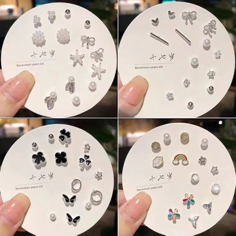 7 คู่เกาหลีแฟชั่น Pearl Four-leaf Clover ต่างหูชุดผู้หญิงนักเรียนเครื่องประดับของขวัญ