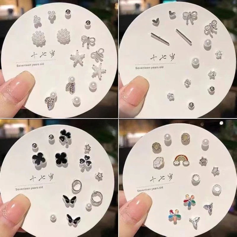 7 คู่เกาหลีแฟชั่น Pearl Four-leaf Clover ต่างหูชุดผู้หญิงนักเรียนเครื่องประดับของขวัญ