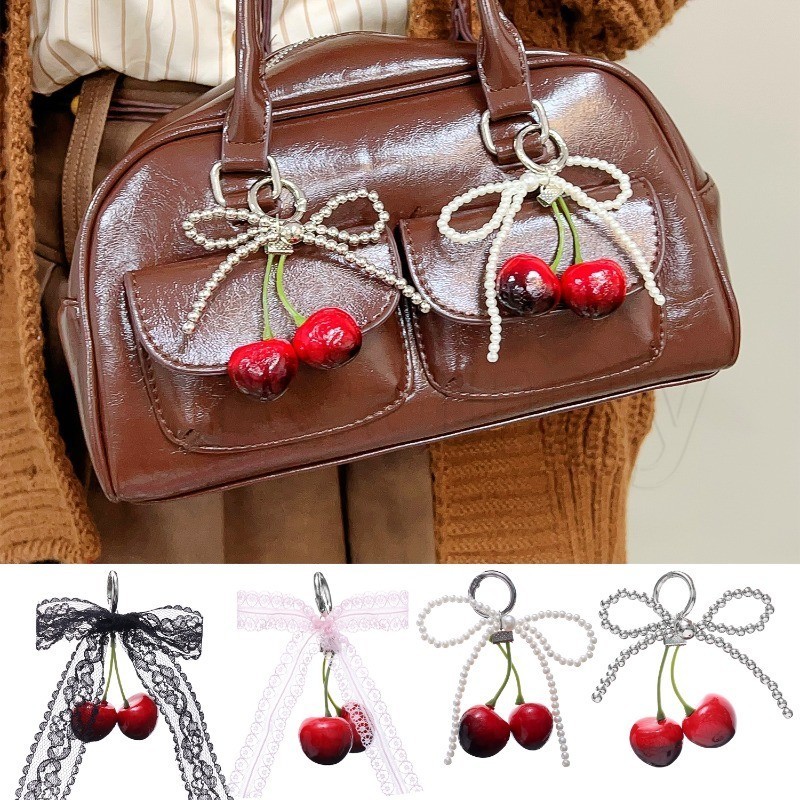 พวงกุญแจลูกไม้กุทัณฑ์เชอร์รี่-พวงกุญแจโบว์ริบบิ้นมุก-พวงกุญแจเชอร์รี่จําลองน่ารัก-เครื่องประดับห้อยกระเป๋า-อุปกรณ์กุญแจ-แหวนเสน่ห์จี้-สําหรับกระเป๋าเป้สะพายหลังกุญแจรถ