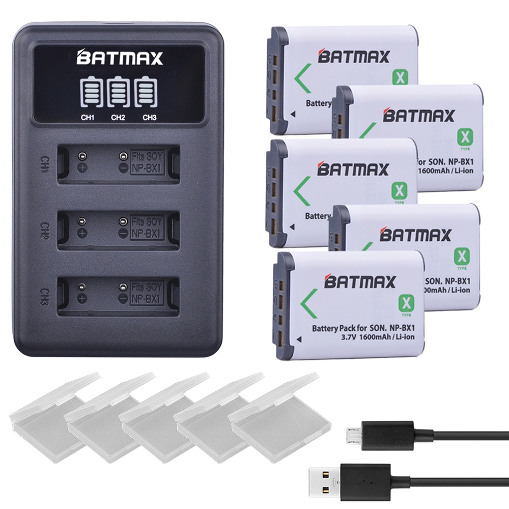 5pcs NP-BX1 np bx1 Battery + 3 Slots LCD Charger for Sony DSC-RX100 DSC-WX500 IV HX300 WX300 HDR-AS1