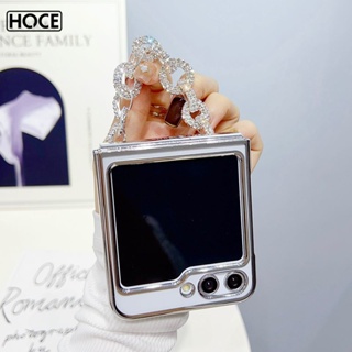 Hoce ZFlip5 เคสโทรศัพท์มือถือแบบใส ประดับเพชร แวววาว พร้อมสายโซ่คล้องมือ สําหรับ Samsung Galaxy Z Flip 3 Z Flip4 Flip5 5G