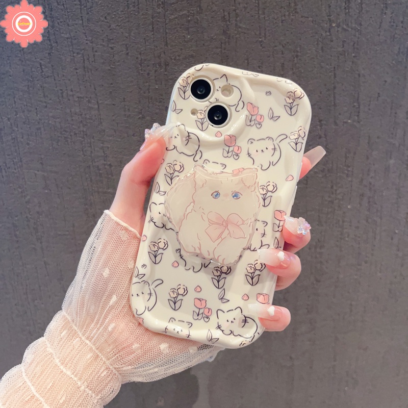 เคสโทรศัพท์มือถือ ลายการ์ตูนแมว ดอกทิวลิปน่ารัก พร้อมขาตั้ง สําหรับ Samsung A34 A12 A14 A24 A52 A13 A10s A04E A32 A53 A11 A23 A54 A50 A31 A03s A03 A50s A33 A04s A20s A30 A52s A02s A20 A51 A30s