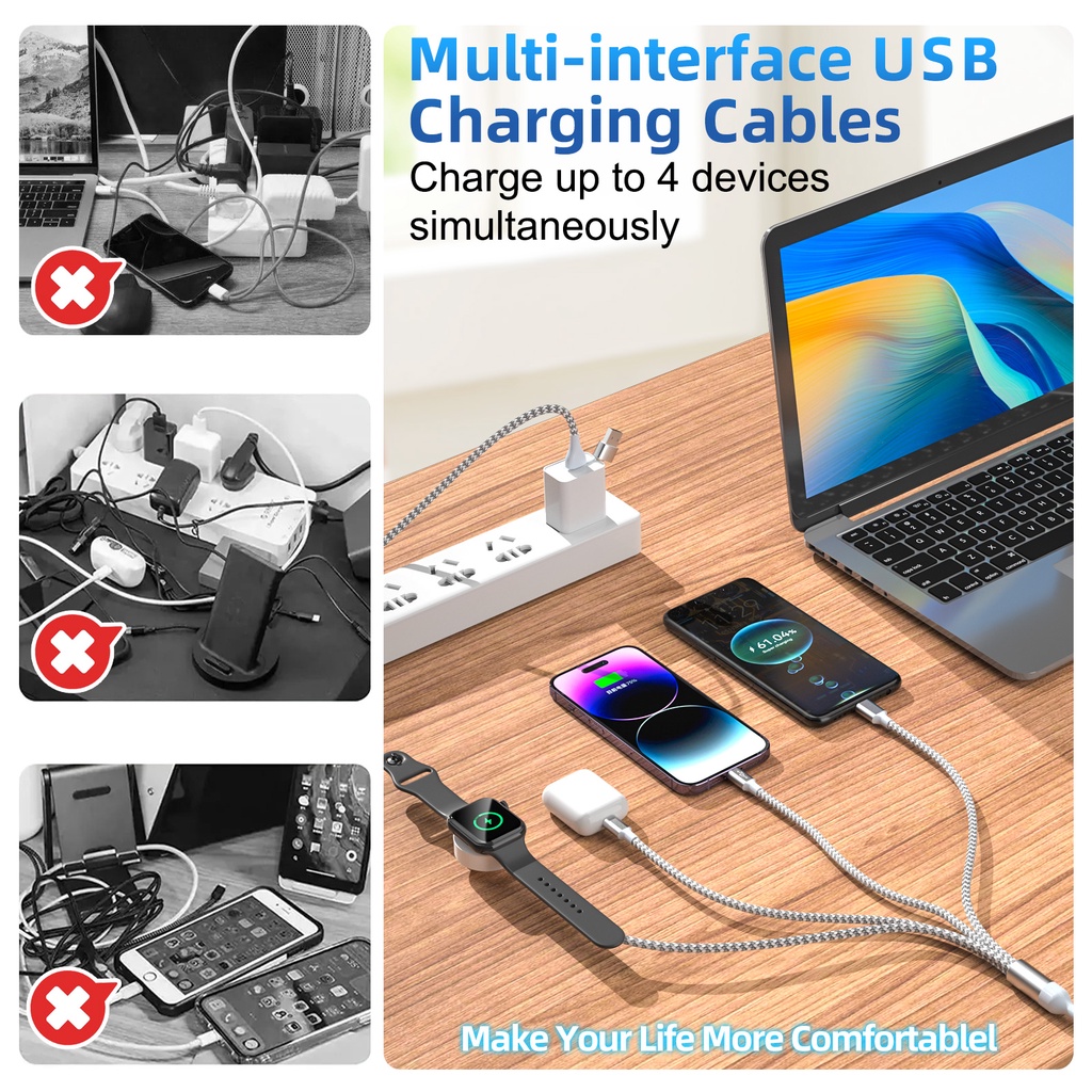 Fonken 6 in 1 สายนาฬิกาข้อมือ และที่ชาร์จโทรศัพท์ แบบถัก สําหรับ AP Phone/Watch USB & Type-C ที่ชาร์จแม่เหล็ก - รูปที่ 2