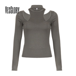 Vesglory เสื้อครอปท็อปแขนยาว คอสูง เข้ารูป สีพื้น แฟชั่นสําหรับผู้หญิง 2023