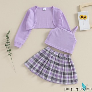 Purplepassion- เสื้อคาร์ดิแกนแขนยาว และกระโปรงพลีท ลายสก๊อต แฟชั่นฤดูร้อน สําหรับเด็กผู้หญิง อายุ 4-7 ปี 3 ชิ้น