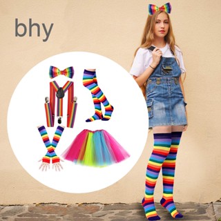 Bhy021 ถุงมือถัก สีรุ้ง ธีมนีออน ประดับโบว์ สําหรับเต้นรํา ปาร์ตี้
