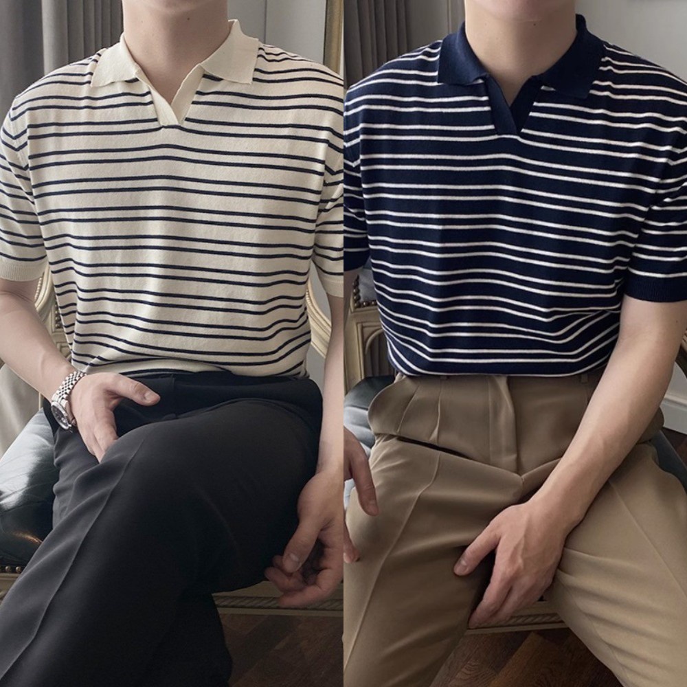 เสื้อโปโลแขนสั้นลําลอง ระบายอากาศได้ดี ลายทาง แฟชั่นฤดูร้อน สไตล์เกาหลี สําหรับผู้ชาย