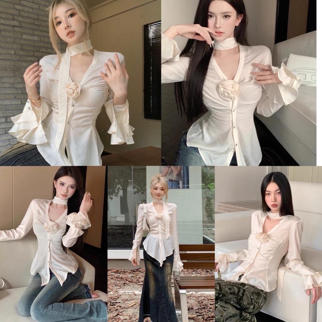 (จัดส่งจากประเทศไทย ) แขนยาวคอวี ผอมเพรียวใหม่ แฟชั่นเลดี้ เสื้อฤดูใบไม้ร่วง