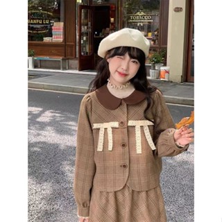 Zbus ชุดเสื้อแจ็กเก็ต คอปกตุ๊กตา แต่งลูกไม้ ลายสก๊อต สีน้ําตาล และกระโปรง ทรงเอ แฟชั่นฤดูใบไม้ร่วง สองชิ้น