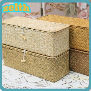 Zelth ตะกร้าหวายสาน ทรงสี่เหลี่ยม พร้อมฝาปิด 3 ช่อง ขนาด 32x12x10 ซม. ทนทาน สําหรับใส่เครื่องสําอาง