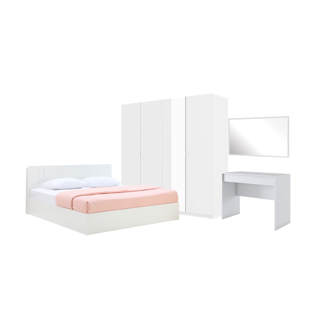 INDEX LIVING MALL ชุดห้องนอน รุ่นเมโลเดียน+วากัส ขนาด 5 ฟุต (เตียง, ตู้เสื้อผ้า 4 บาน, โต๊ะเครื่องแป้ง, กระจกเงา) - สีขาว