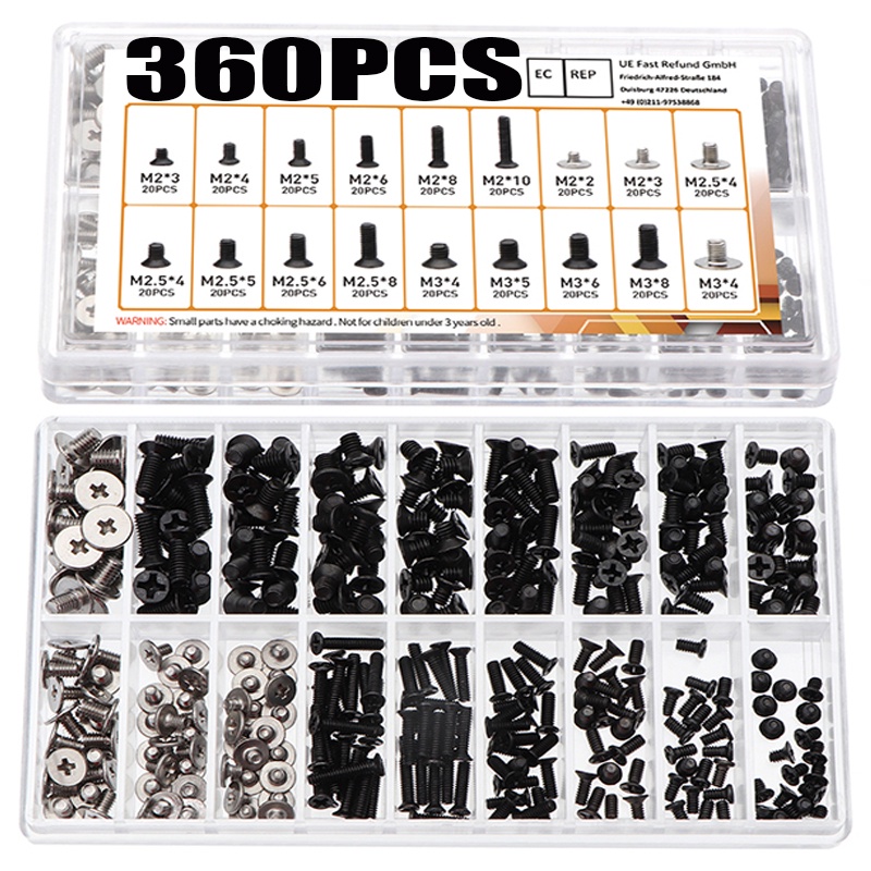 M2 M2.5 M3 360pcs Black/Silvery  Notebook Screws Kit Flat Head Screws with Screwdriver for Dell Sony