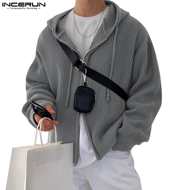 Incerun เสื้อกันหนาว แขนยาว มีฮู้ด ผ้าถัก ลายทาง สไตล์เกาหลี สําหรับผู้ชาย