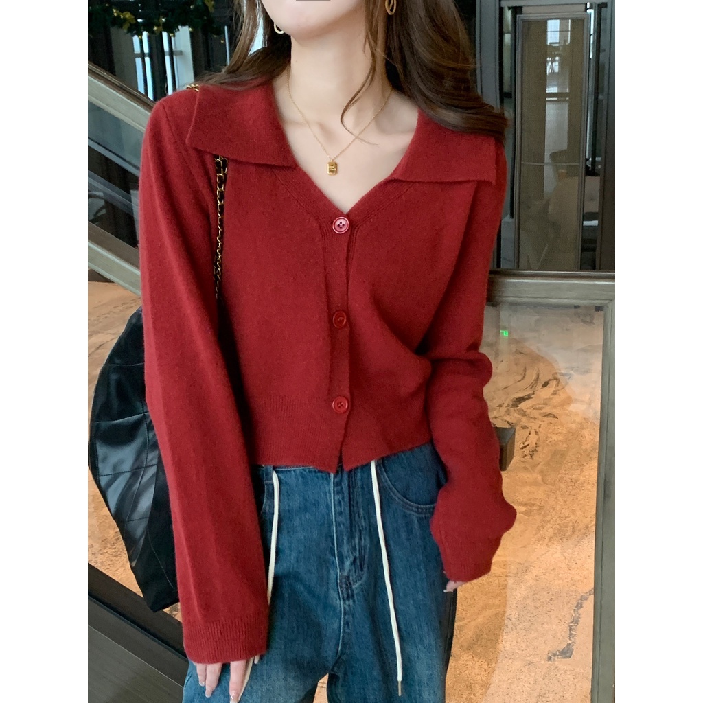 Xiao เสื้อแจ็กเก็ตกันหนาว ผ้าถัก สีแดง แฟชั่นฤดูใบไม้ร่วง สําหรับผู้หญิง MXAI