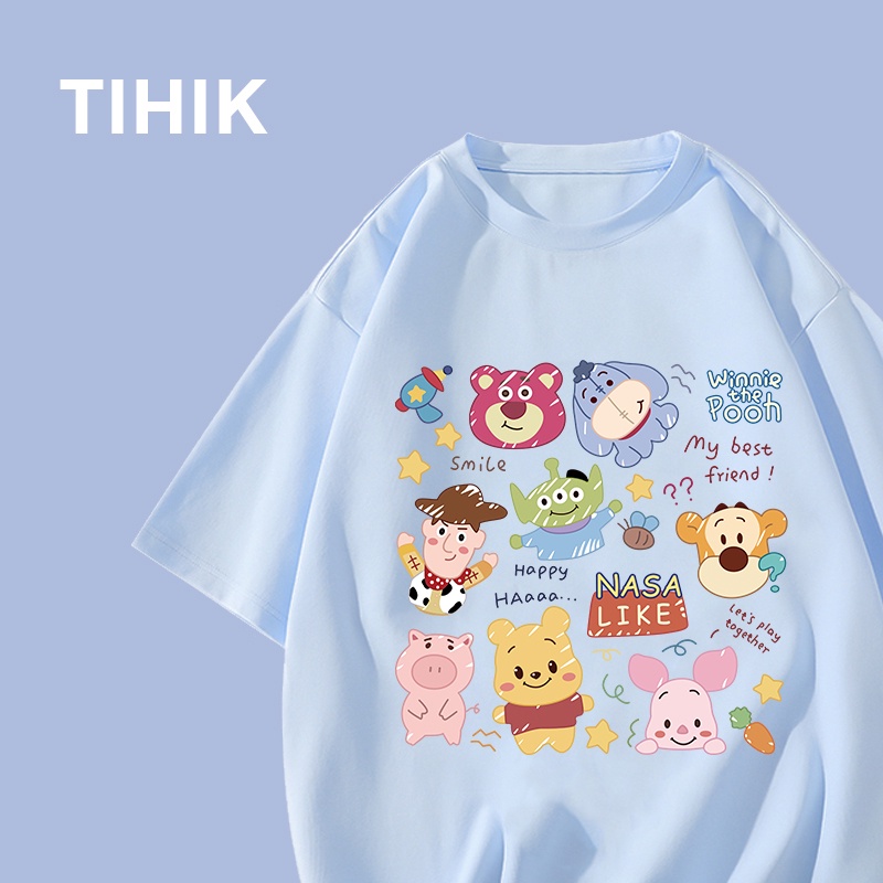 TIHIK เสื้อยืดสีฟ้า oversize 100%Cotton เสื้อยืดแขนสั้นลายการ์ตูนน่ารักหลวม T0250