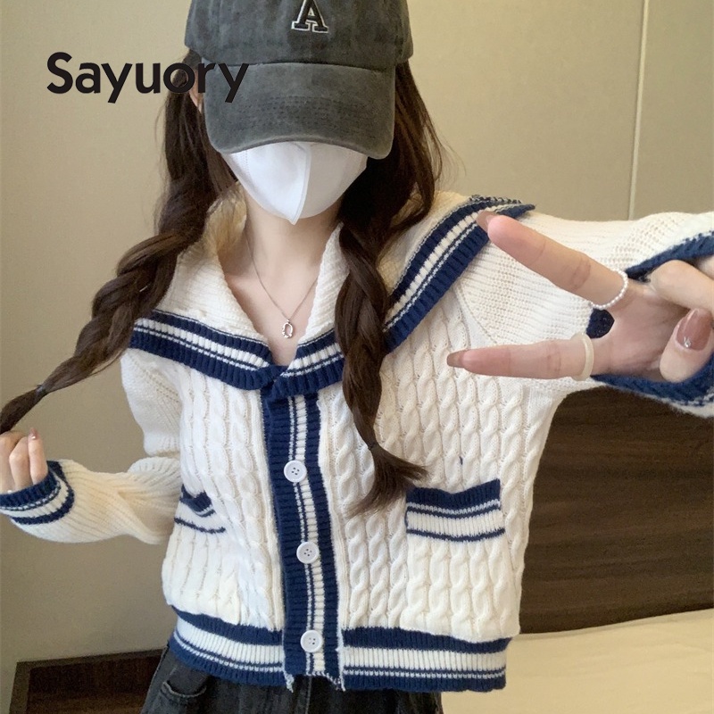 Sayuory เสื้อคาร์ดิแกน ผ้าถัก สีตัดกัน สําหรับผู้หญิง 2023