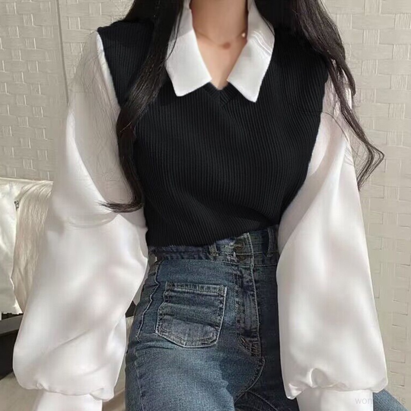 เสื้อกันหนาวลําลอง แขนยาว คอปก ทรงหลวม สองชิ้น สําหรับผู้หญิง