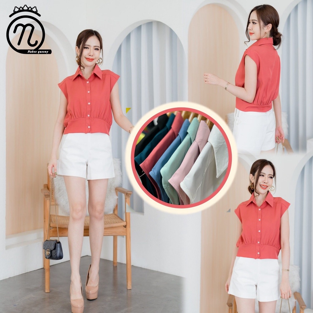 Nabee queeny เสื้อครอป แฟชั่นผู้หญิง คอปกแขนกุด ทรงสวย ผ้าดี แบนด์ดัง งานไอจี งานป้าย proud by up