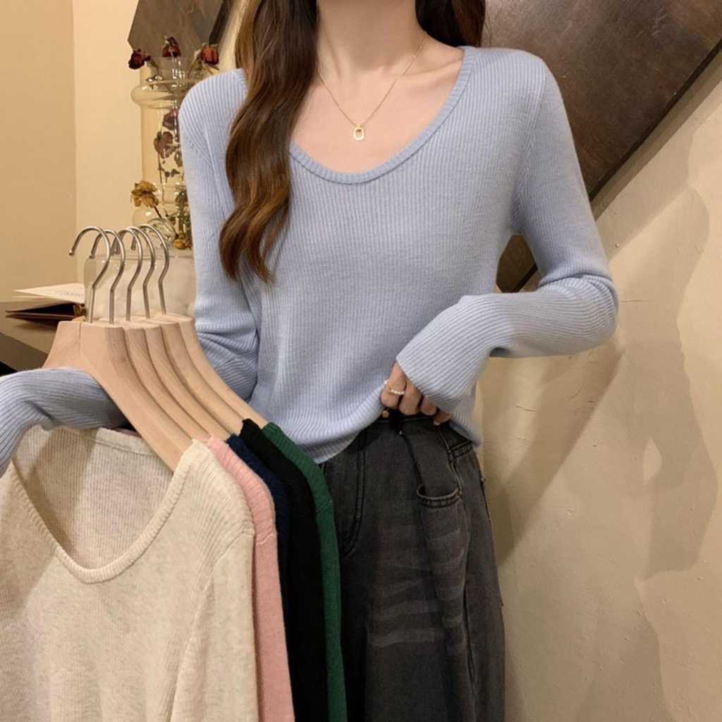 Lune_Grace 368#เสื้อไหมพรมแขนยาว ผ้าร่องผ้านิ่มไส่สบาย ทรงรัดรูปคอวีสีพึ้นสไตล์เกาหลี