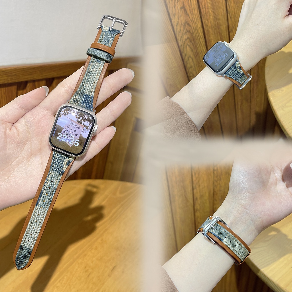สายนาฬิกาข้อมือหนัง ผ้ายีน สไตล์เรโทร สําหรับ Apple watch band series 8 7 6 5 4 se 3 Ultra 2 iWatch 42 มม. 45 มม. 44 มม. 40 มม. 41 มม. 49 มม. 38 มม.