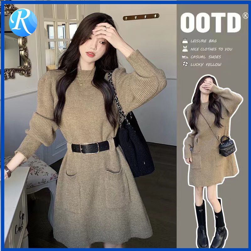 เสื้อกันหนาว คอกลม ผ้าถัก ทรงหลวม สีพื้น แฟชั่นฤดูใบไม้ร่วง และฤดูหนาว สไตล์เกาหลี สําหรับผู้หญิง