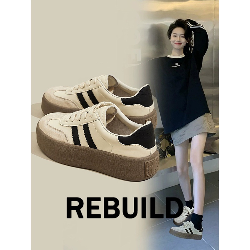 REBUILD  รองเท้าผ้าใบผู้หญิง สีขาว พื้นหนา รองเท้าผ้าใบส้นสูงส้นหนา รองเท้าแฟชั่น ผูกเชือก ทันสมัย กันน้ํา ทิพย์ น่ารัก FYD23B0JVG 46Z231112