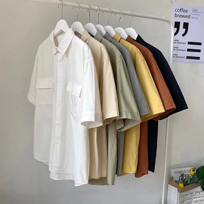 เสื้อเชิ้ตแขนสั้น ทรงหลวม สีพื้น เข้ากับทุกการแต่งกาย สไตล์ญี่ปุ่น และฮ่องกง แฟชั่นฤดูร้อน สําหรับผู้ชาย