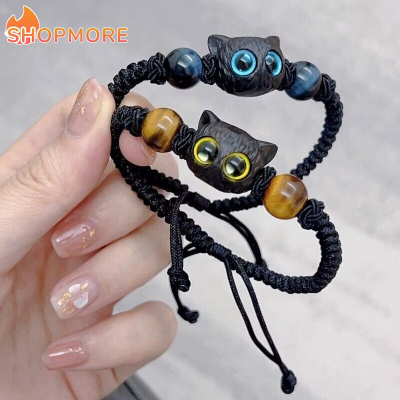 สร้อยข้อมือ เชือกถัก ประดับลูกปัด ขนาดใหญ่ แฮนด์เมด ลายการ์ตูนแมวดํา แบบสร้างสรรค์ สามารถปรับได้ แฟชั่นคู่รัก