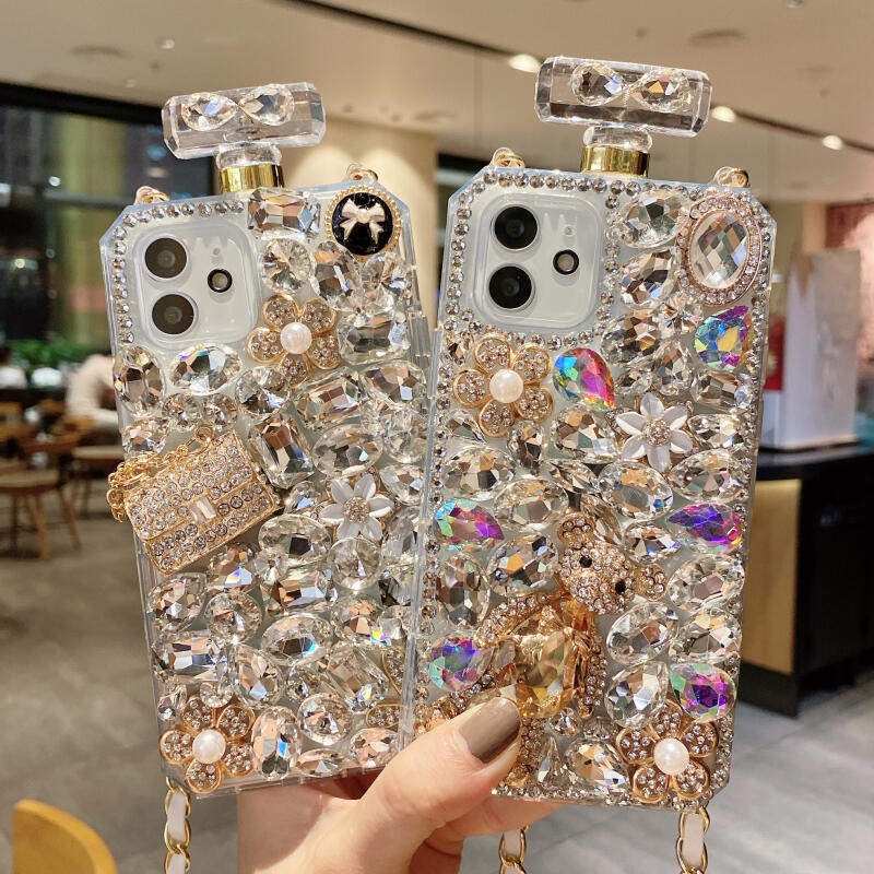 หรูหราcrossbodyสายคล้องblingเพชร3dฟักทองกลิ่นหอมกระเป๋าหมีขวดน้ําหอมเคสโทรศัพท์สําหรับiphone 16 Pro Max 15 14 13 12 11 Promax TPU Anti-Dropนุ่มฝาครอบป้องกัน