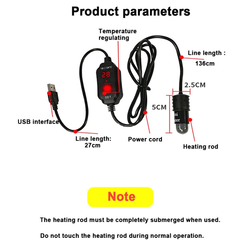 18-34 ° C Mini Aquarium Thermostat Aquarium เครื่องทําความร้อน Submersible ปรับอุณหภูมิชาร์จ USB - รูปที่ 3
