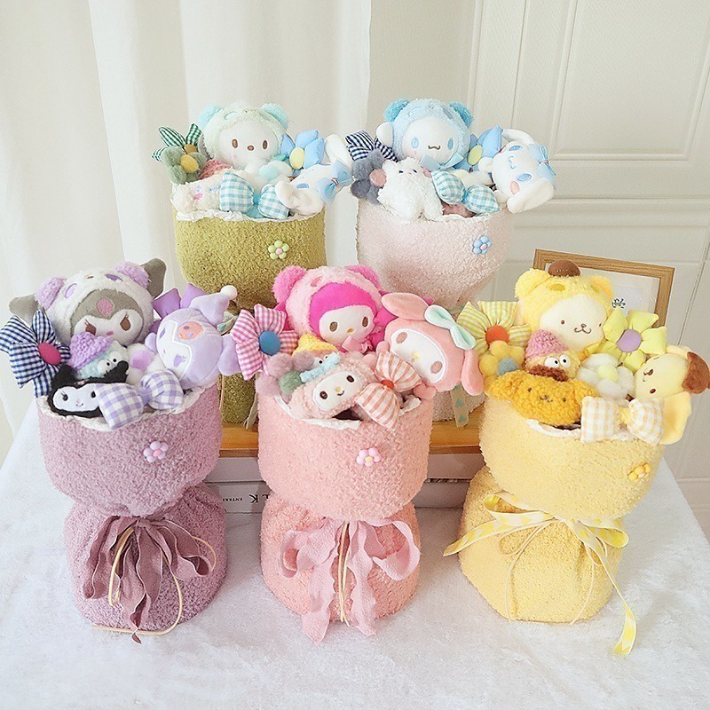 SANRIO ตุ๊กตาช่อดอกไม้ การ์ตูนซานริโอ้ My Melody Kuromi Cinnamon Cat Pompom ของขวัญวันวาเลนไทน์