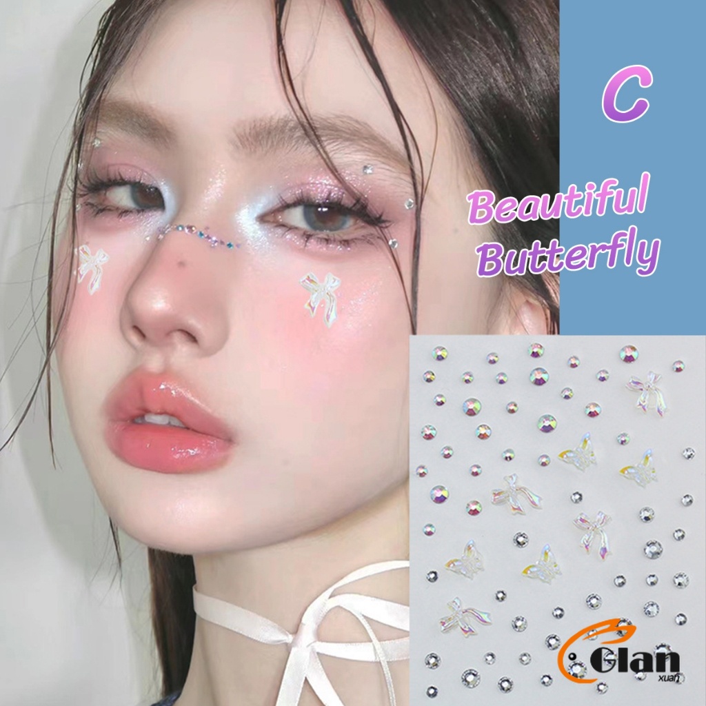 Glanxuan เพชรติดหน้า สติ๊กเกอร์ติดหน้าติดทน ลายดอกไม้/ลายผีเสื้อ/ลายรัก DIY Rhinestone sticker