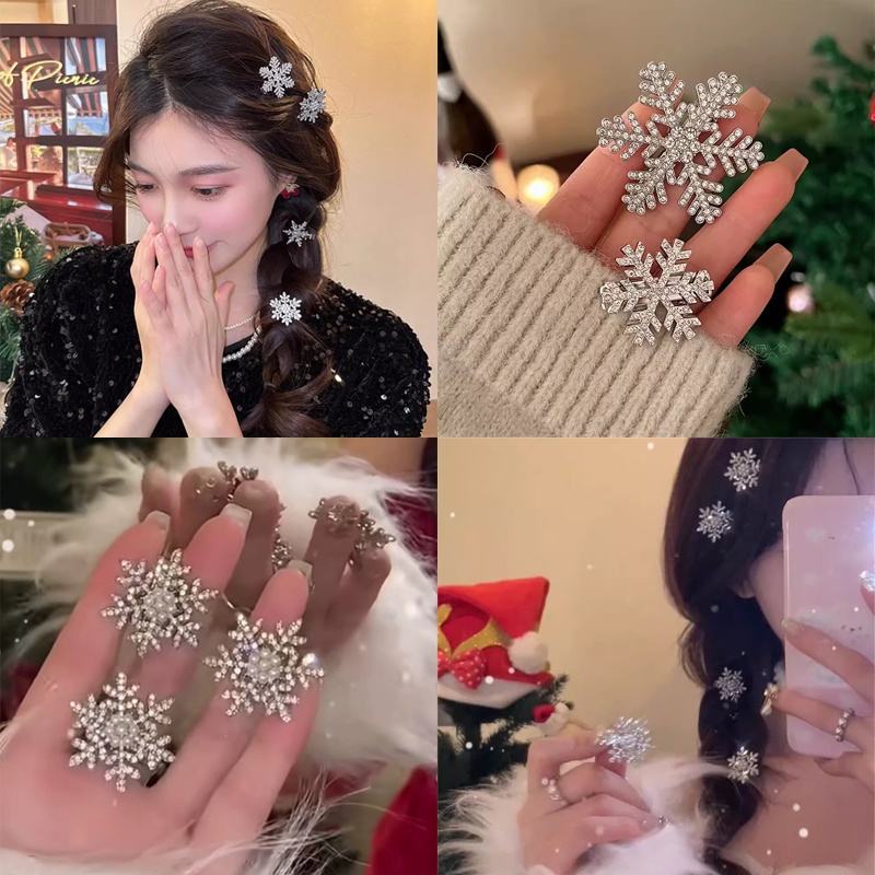 กิ๊บติดผม โลหะผสม รูปเกล็ดหิมะ ประดับไข่มุก พลอยเทียม เครื่องประดับ สําหรับผู้หญิง
