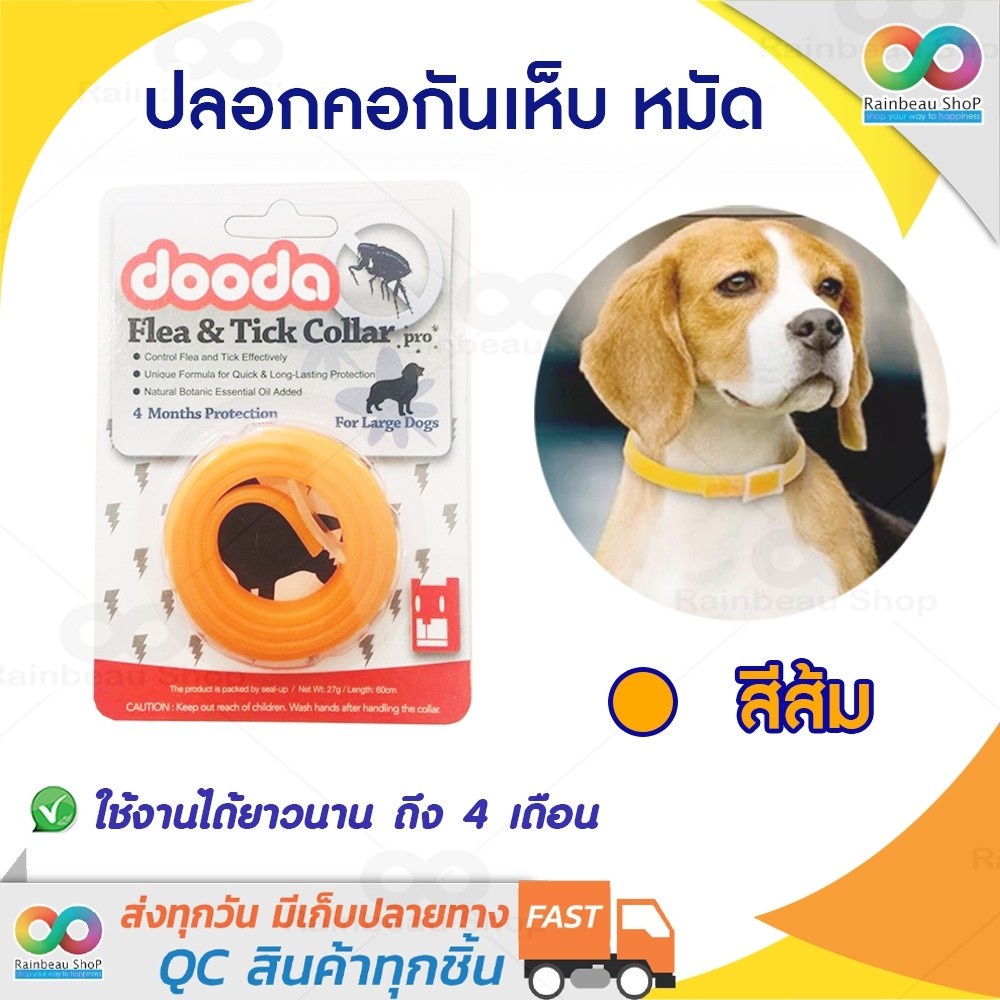 RAINBEAU ปลอกคอกันเห็บ หมัด Dooda Flea & Tick Collar Pro ป้องกันกำจัดเห็บหมัด ยุง และแมลงที่มารบกวน (สีส้ม)