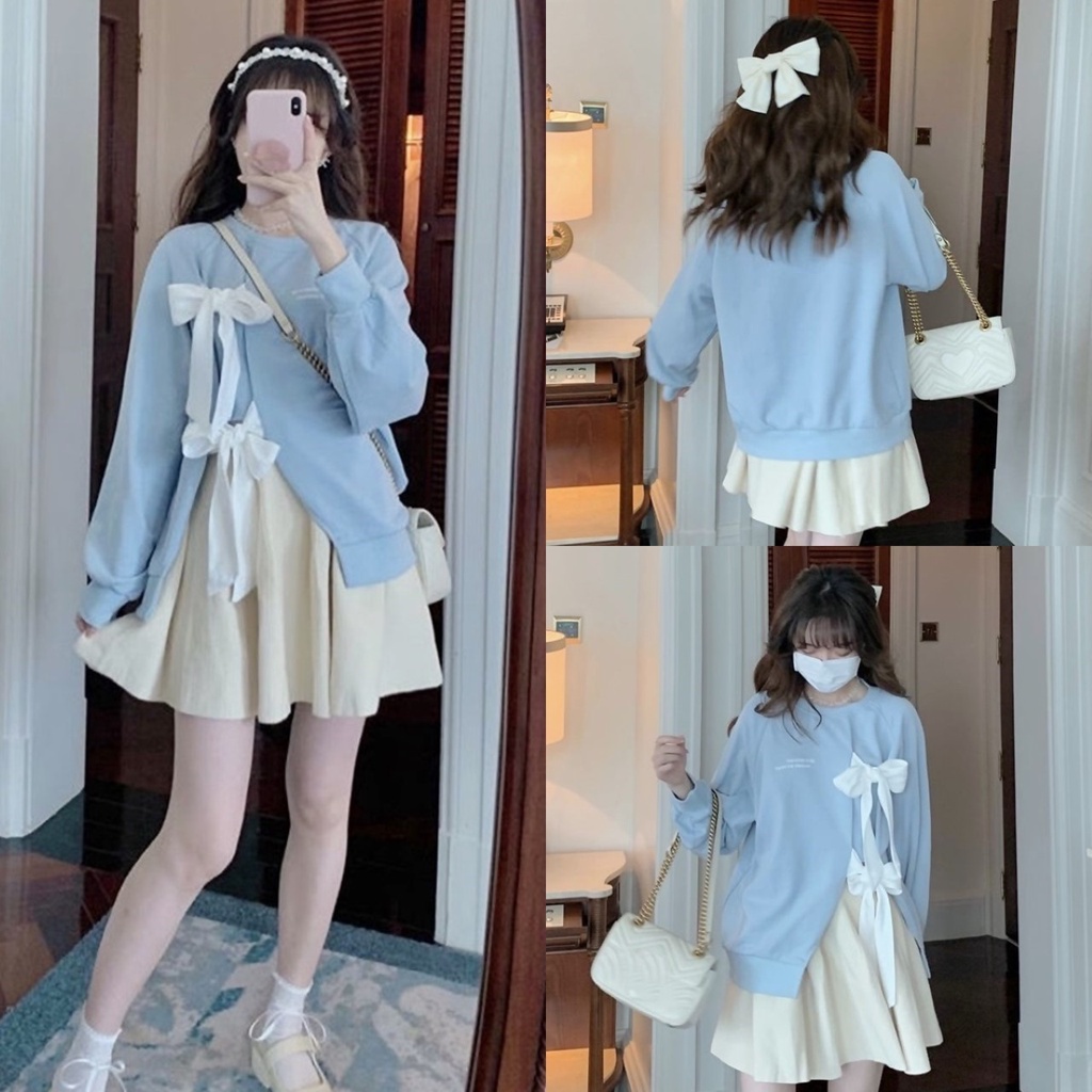 FC พร้อมส่ง ชุดเซต ขายแยกชิ้น เสื้อแขนยาวทรงใหญ่ผ่าหน้าแต่งผูกโบว์ขาว กระโปรงสั้นทรงบานมีกางเกงซับใน เอวยืด