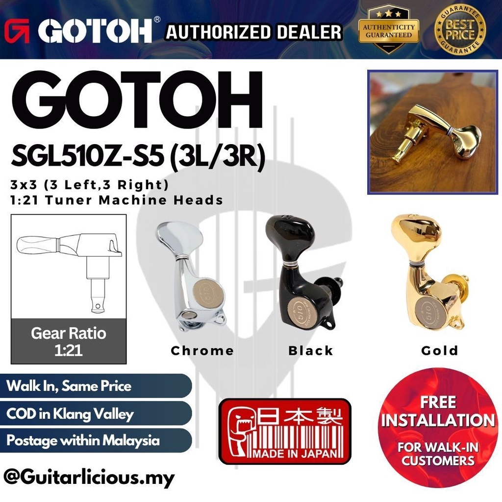 GOTOH SGL510Z อัตราทดเกียร์ 1:21 เกียร์ปิดผนึก 3x3 (3L,3R) หัวเครื่องจูนเนอร์ Peg ( SGL510 / SGL-510