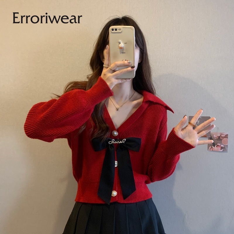 Erroriwear เสื้อคาร์ดิแกน คอวี ผ้าถัก ประดับโบว์ ทรงสลิมฟิต สําหรับผู้หญิง 2024
